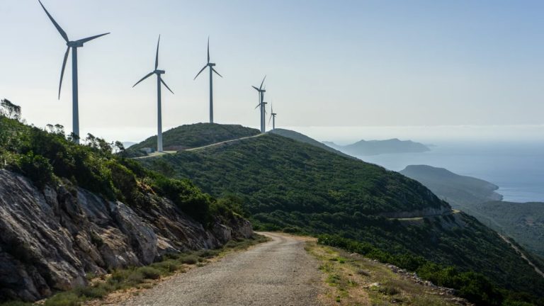 Wind turbines line a coastal mountain road under a clear sky, showcasing renewable energy in nature.